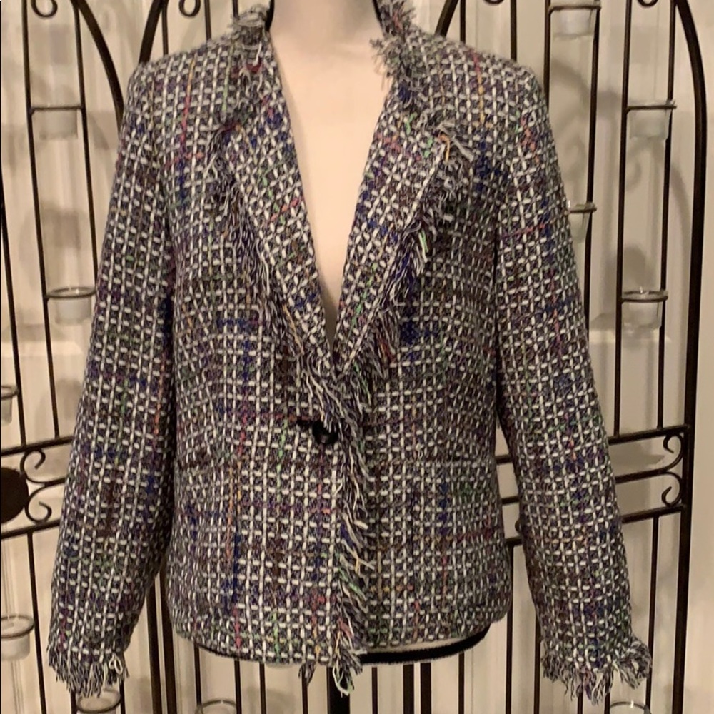 Woven fabric blazer with multi-color plaid